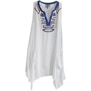 Swim Cover with Embroidery and Shark Bite Hem - For Cynthia Beachwear, White, S